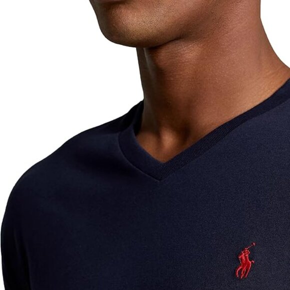 RALPH LAUREN V-Neck Short Sleeve Navy Blue T-Shirt Red Pony D&G Boss Lacoste M - Picture 3 of 7